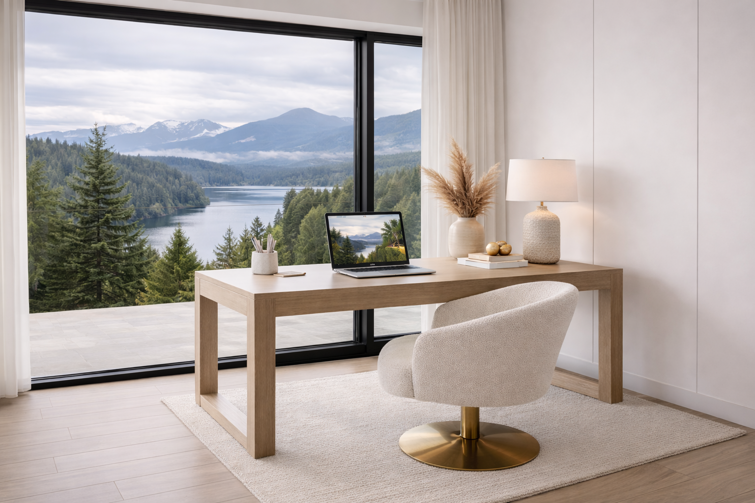 Minimal workspace with laptop and mountain view